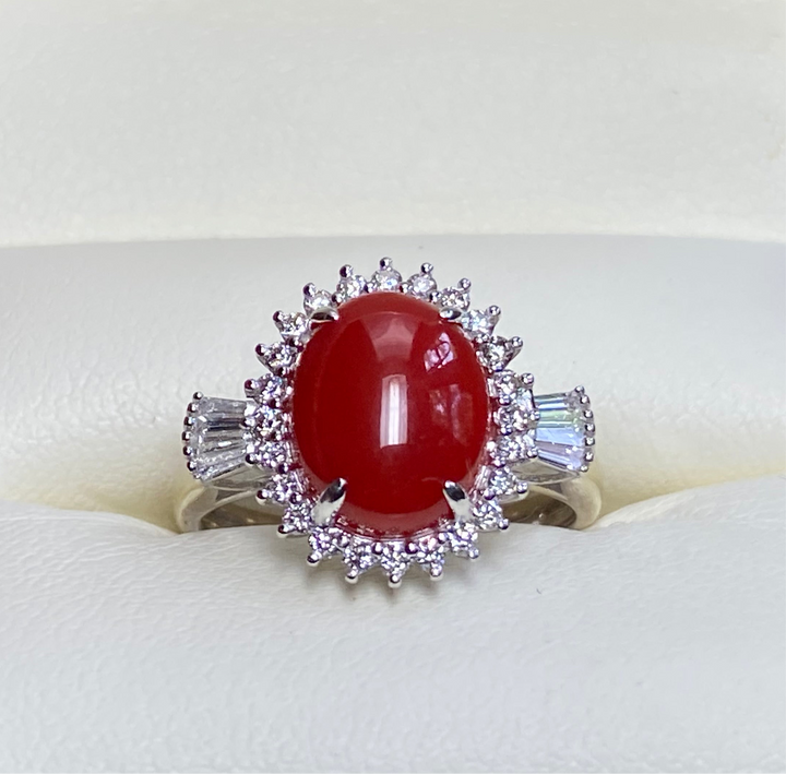 Vintage, Sardinian, Ox Blood Red Coral and .31 ct VVS Diamond Ring 18k size 5.5