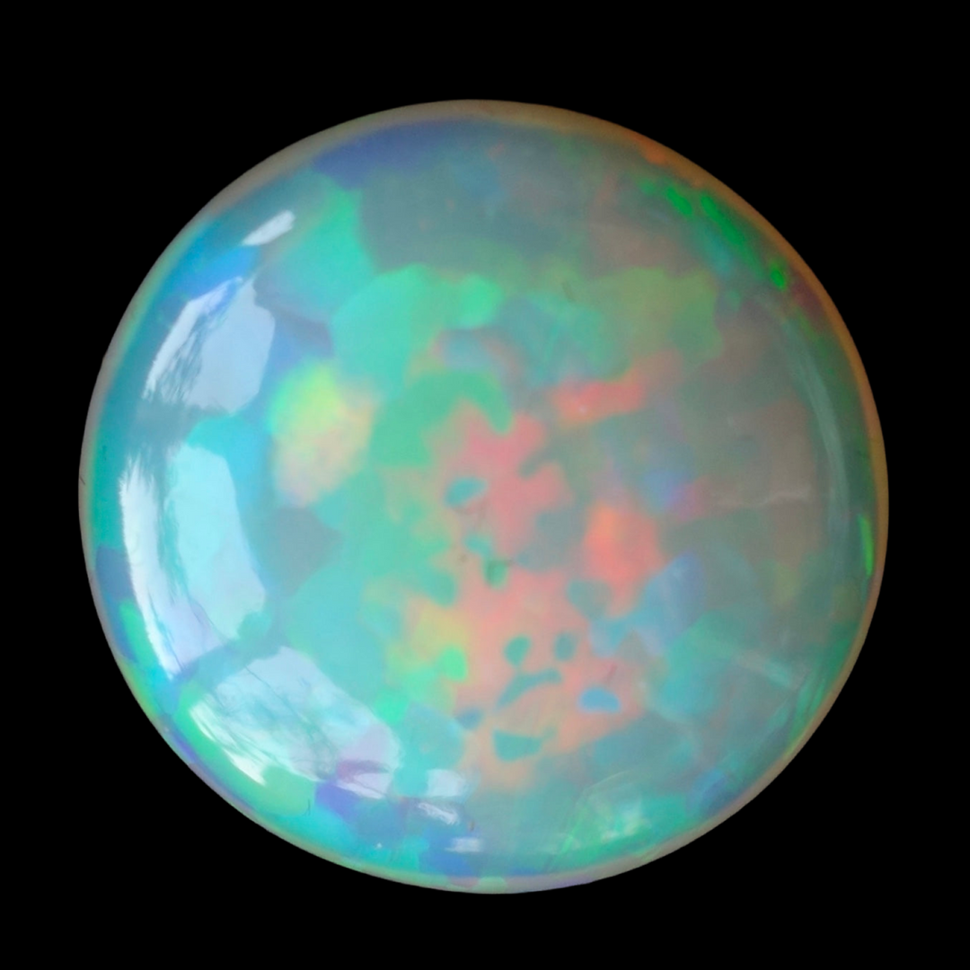 Ethiopian Welo Opal, 15.65 ct. Round Cab, High Dome, Flagstone Pattern and rare Puzzle Piece pattern. 