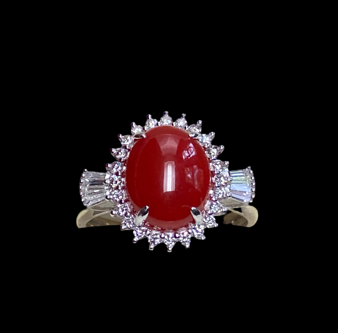 Vintage, Sardinian, Ox Blood Red Coral and .31 ct VVS Diamond Ring 18k size 5.5