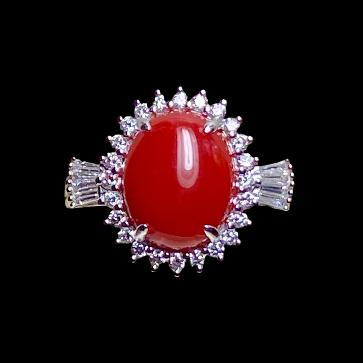 Vintage, Sardinian, Ox Blood Red Coral and .31 ct VVS Diamond Ring 18k size 5.5