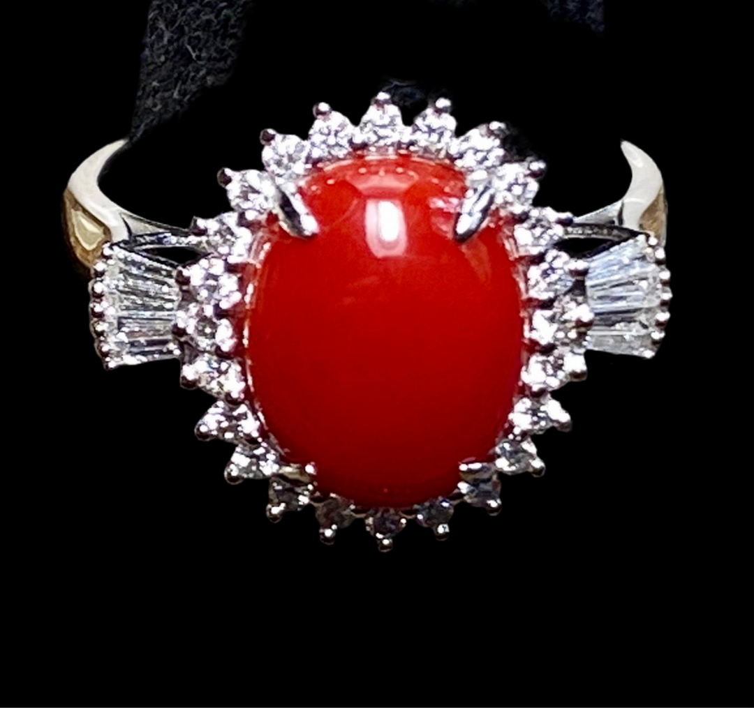 Vintage, Sardinian, Ox Blood Red Coral and .31 ct VVS Diamond Ring 18k size 5.5