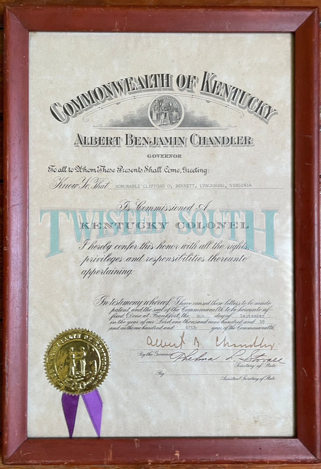 Kentucky Colonel Certificate (Albert Benjamin Chandler) to Honorable Clifford O. Bennett of Lynchburg, Virginia (