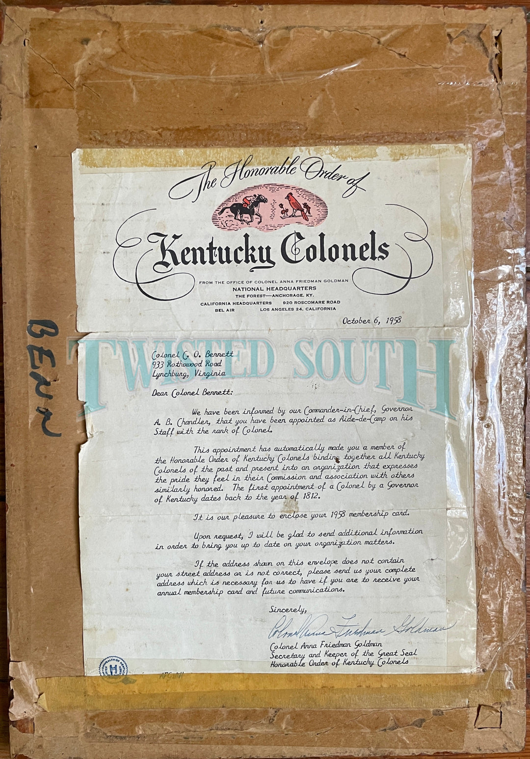 Kentucky Colonel Certificate (Albert Benjamin Chandler) to Honorable Clifford O. Bennett of Lynchburg, Virginia (