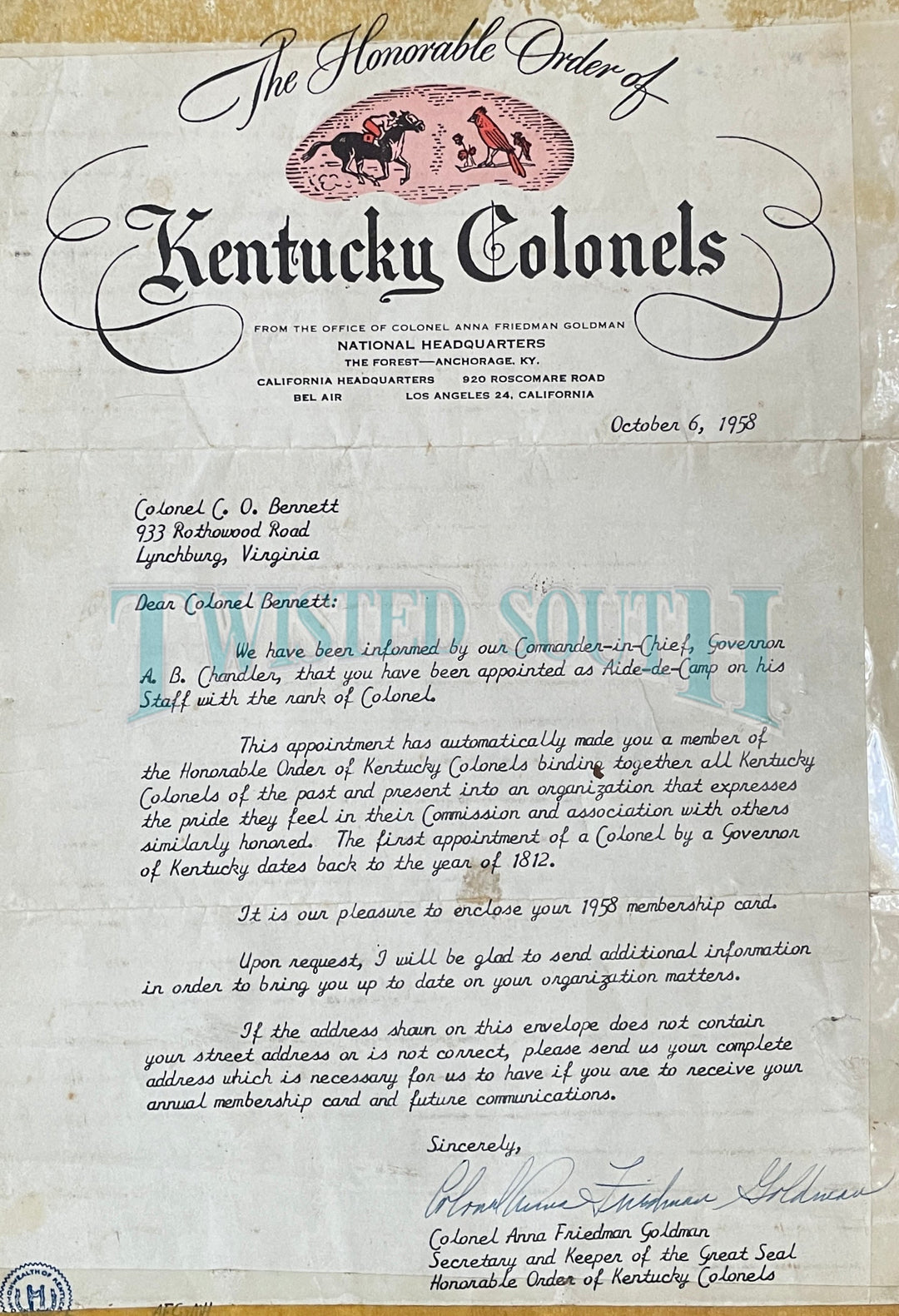 Kentucky Colonel Certificate (Albert Benjamin Chandler) to Honorable Clifford O. Bennett of Lynchburg, Virginia (