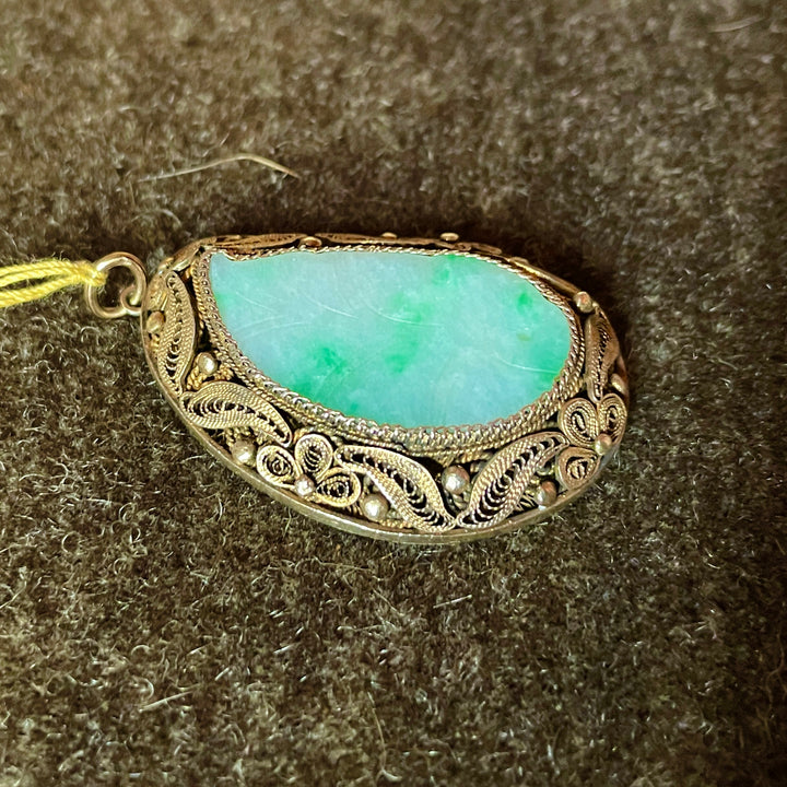 Jadeite Pendant - Gilded Sterling Silver - Extremely Complex Paisley Pattern - All worked by Hand