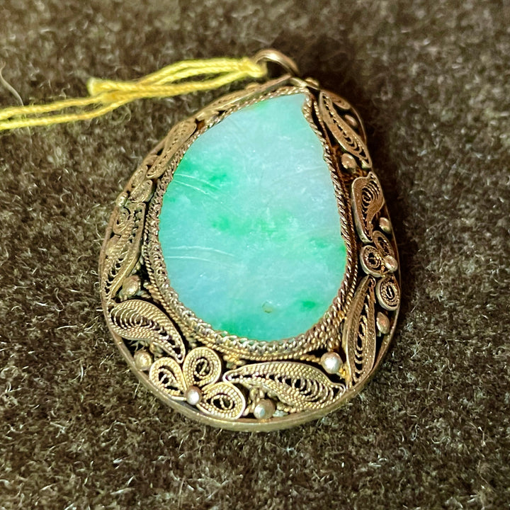 Jadeite Pendant - Gilded Sterling Silver - Extremely Complex Paisley Pattern - All worked by Hand