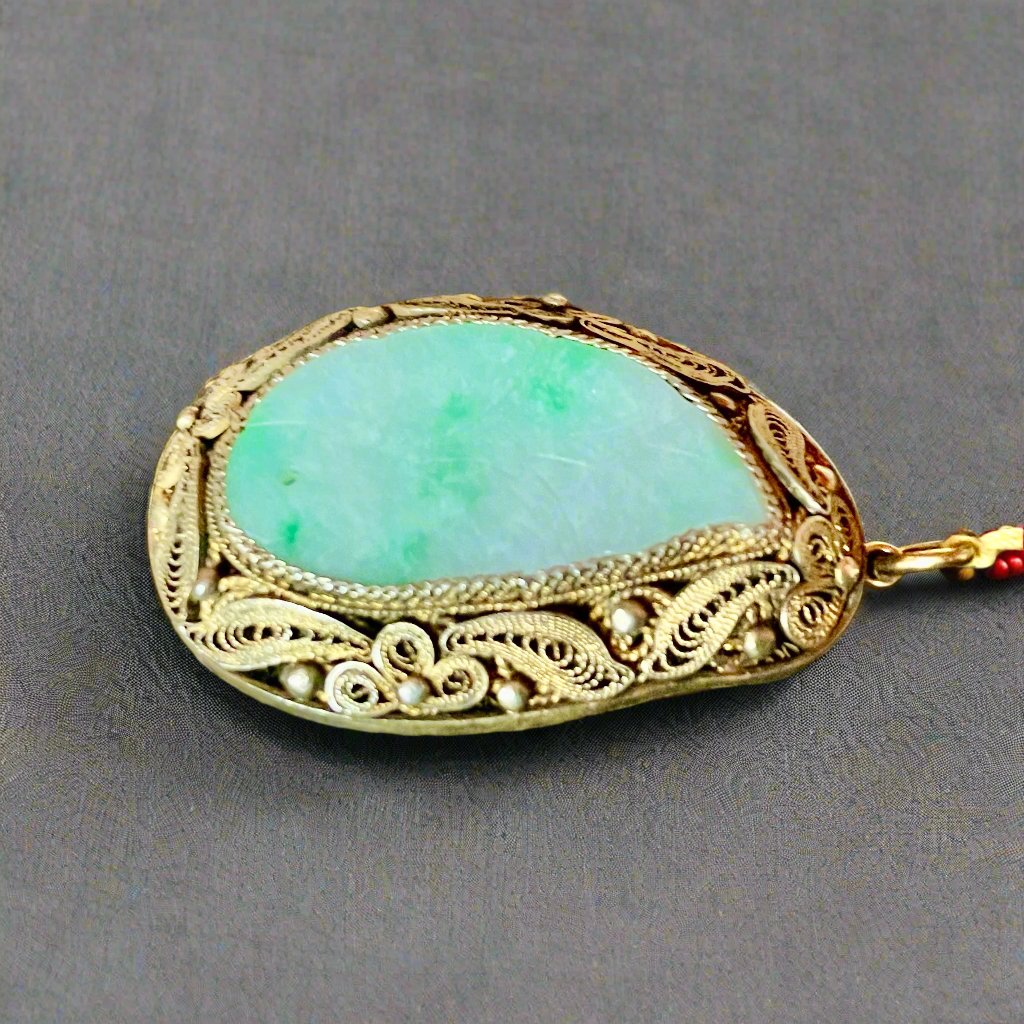 Jadeite Pendant - Gilded Sterling Silver - Extremely Complex Paisley Pattern - All worked by Hand