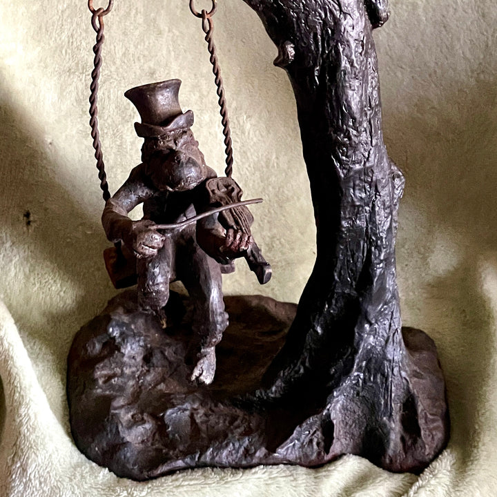 Antique Sculpture - Iron  - Victorian Monkeys Playing Fiddle and Swinging Tree With Top Hats