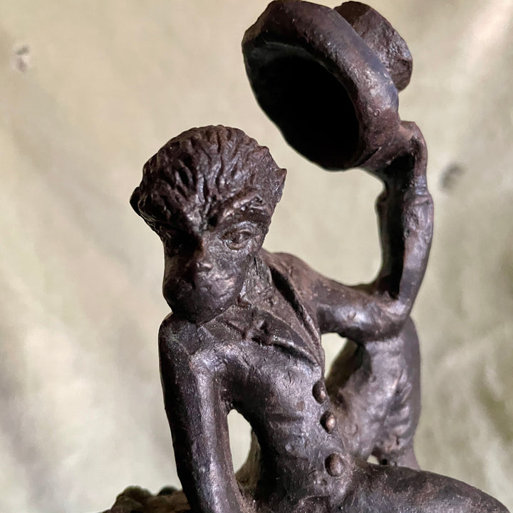 Antique Sculpture - Iron  - Victorian Monkeys Playing Fiddle and Swinging Tree With Top Hats