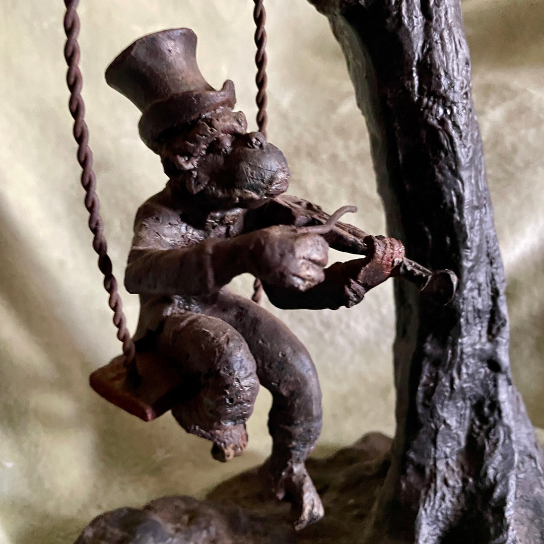 Antique Sculpture - Iron  - Victorian Monkeys Playing Fiddle and Swinging Tree With Top Hats