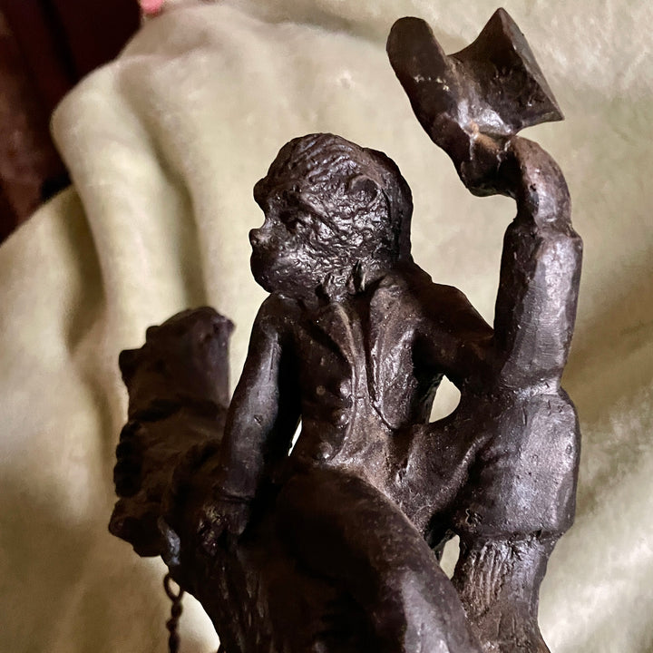 Antique Sculpture - Iron  - Victorian Monkeys Playing Fiddle and Swinging Tree With Top Hats