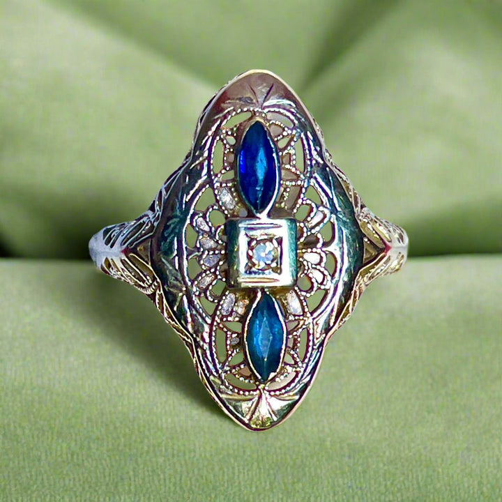 Filagree Art Deco Ring, 14k White Gold, Two Small Marquis Sapphires and Small Accent Diamond size 6 1/2