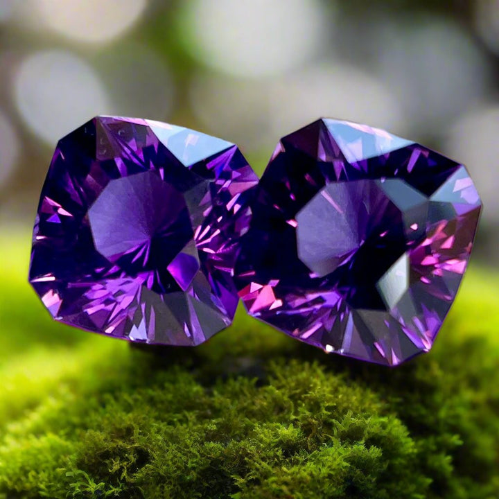 8.51ctw Amethyst Matched Pair, Uruguay, Top Color, Flawless, Red Flash, Deep Purple, Blue Hue