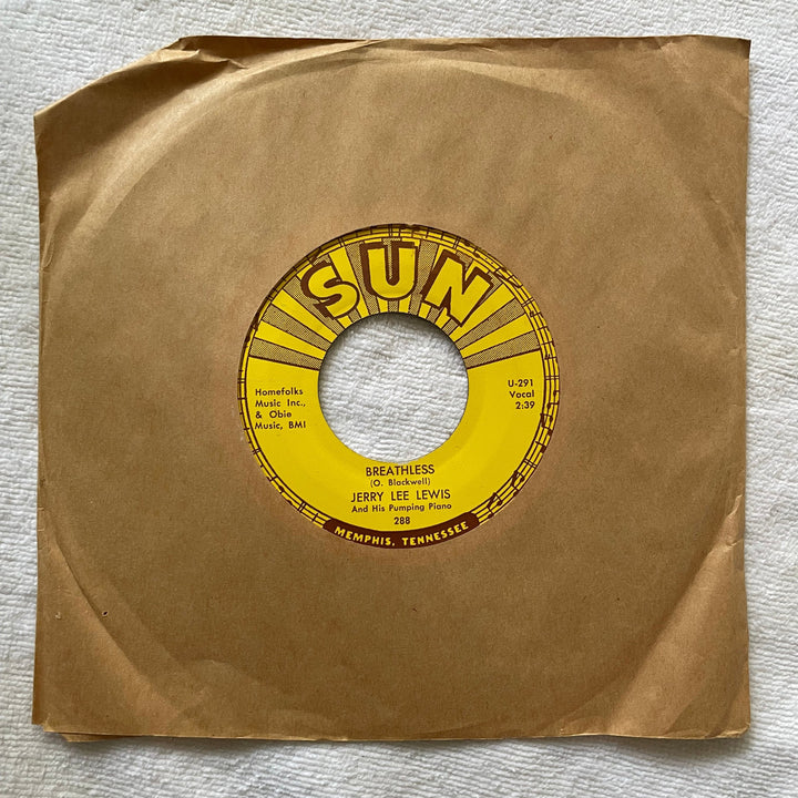 SUN Record Vinyl 45 rpm Jerry Lee Lewis Breathless - Down The Line U-291 Homefolks Music & Obie Music BMI