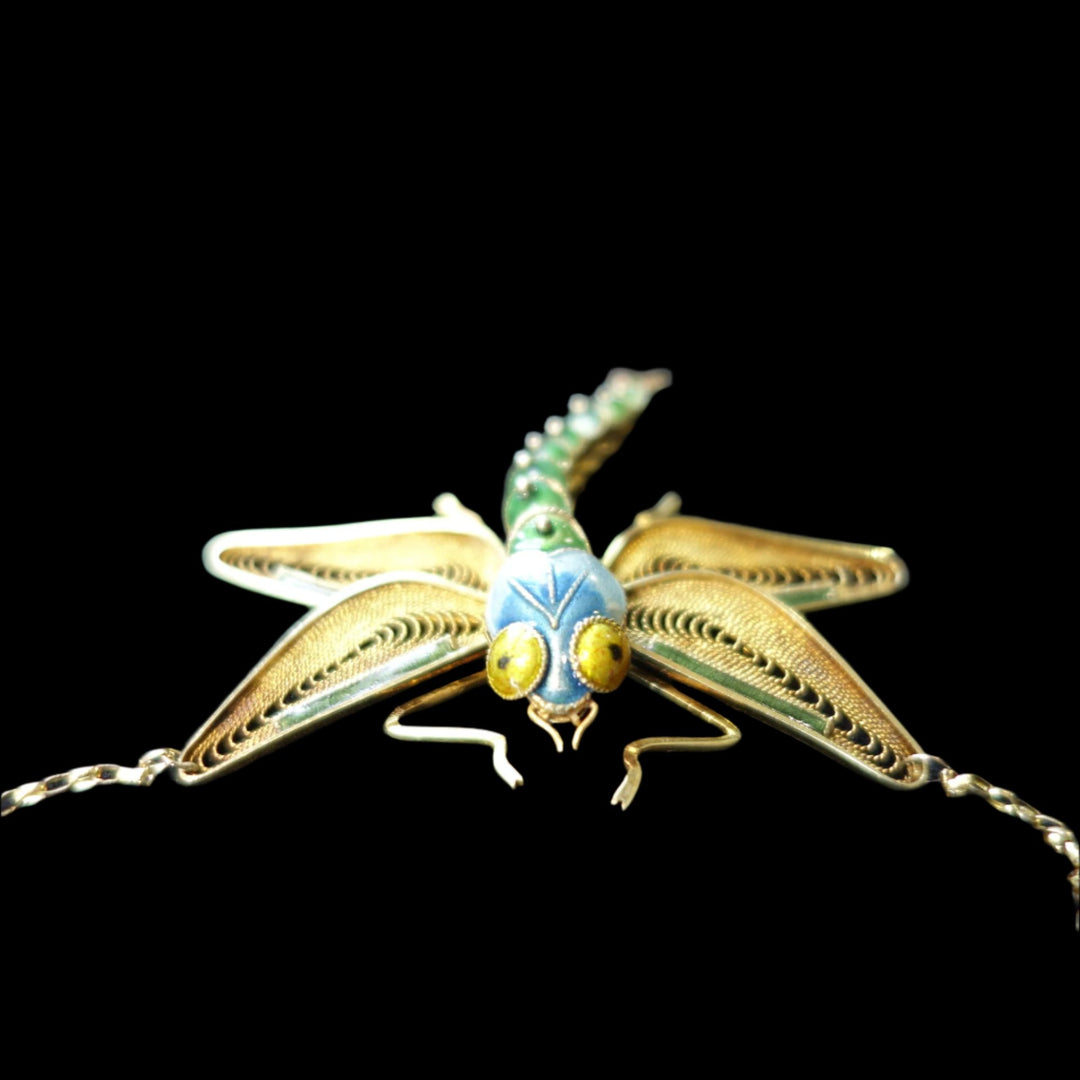 Enamel, 14k Yellow Gold, Hand Crafted, Victorian Dragonfly Necklace