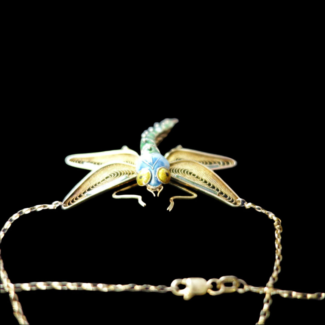 Enamel, 14k Yellow Gold, Hand Crafted, Victorian Dragonfly Necklace