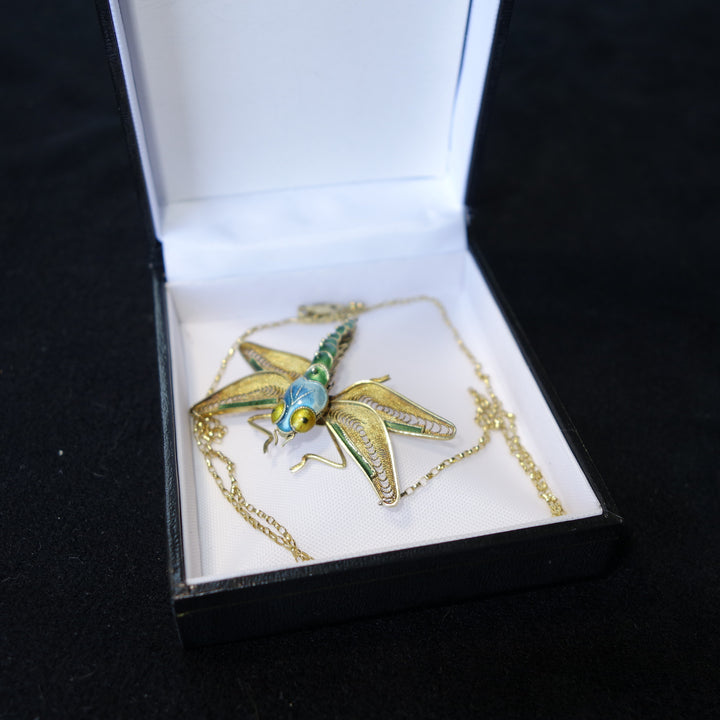 Enamel, 14k Yellow Gold, Hand Crafted, Victorian Dragonfly Necklace