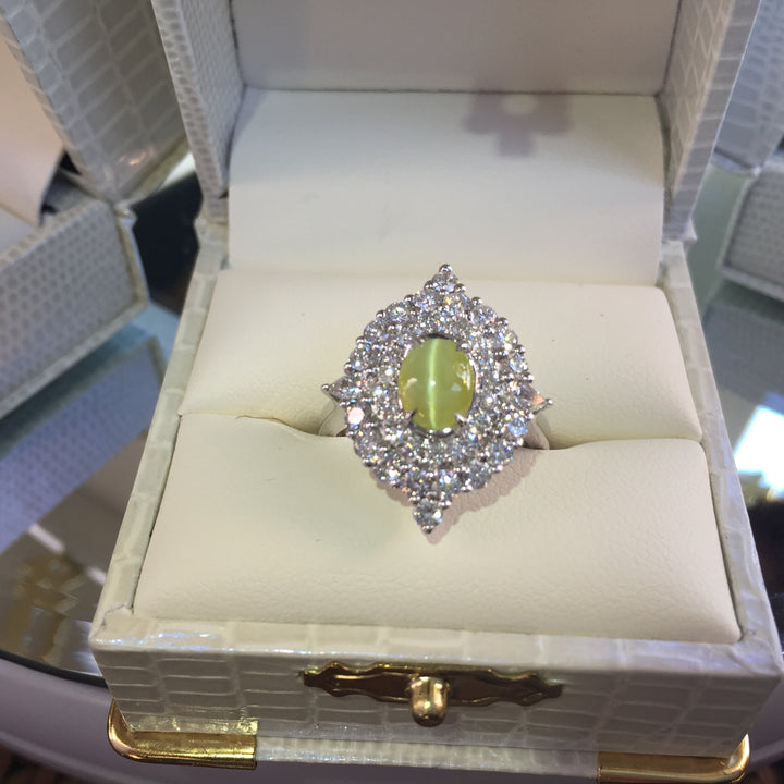 Cat's Eye Chrysoberyl Diamond Ring, 18k White Gold Size 7