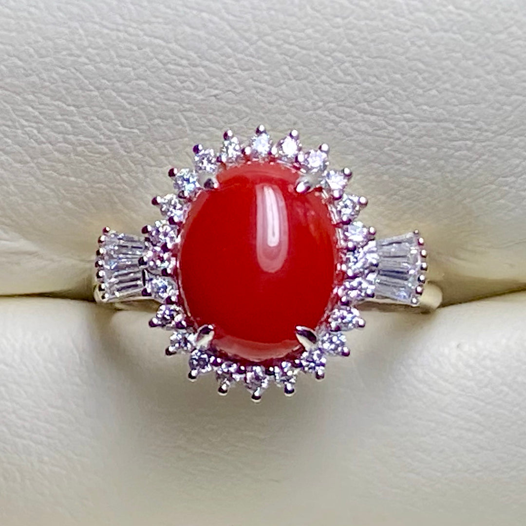 Vintage, Sardinian, Ox Blood Red Coral and .31 ct VVS Diamond Ring 18k size 5.5