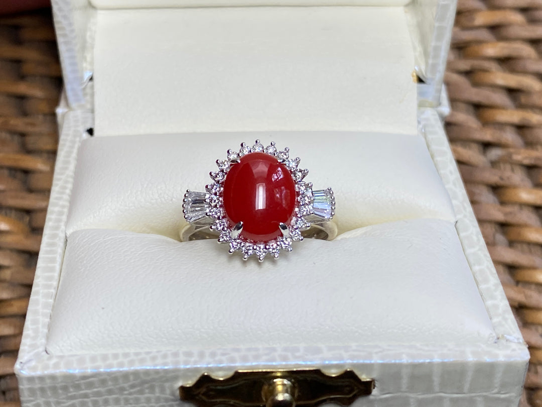 Vintage, Sardinian, Ox Blood Red Coral and .31 ct VVS Diamond Ring 18k size 5.5