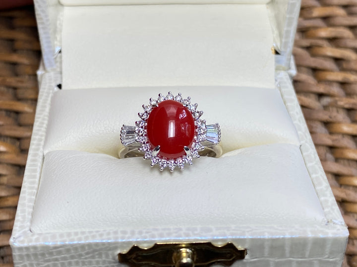 Vintage, Sardinian, Ox Blood Red Coral and .31 ct VVS Diamond Ring 18k size 5.5