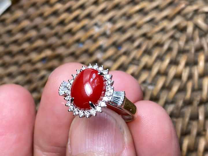 Vintage, Sardinian, Ox Blood Red Coral and .31 ct VVS Diamond Ring 18k size 5.5