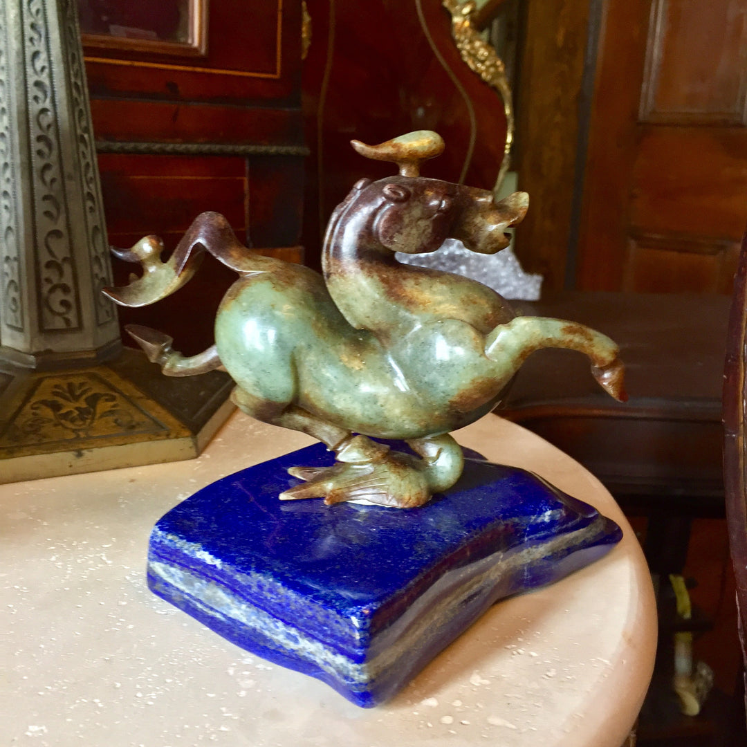 Han Dynasty Jade Horse With Swallows. Approx.  2-kilo Top Grade Lapis Lazuli Base Included (base not original but displays beautiful)