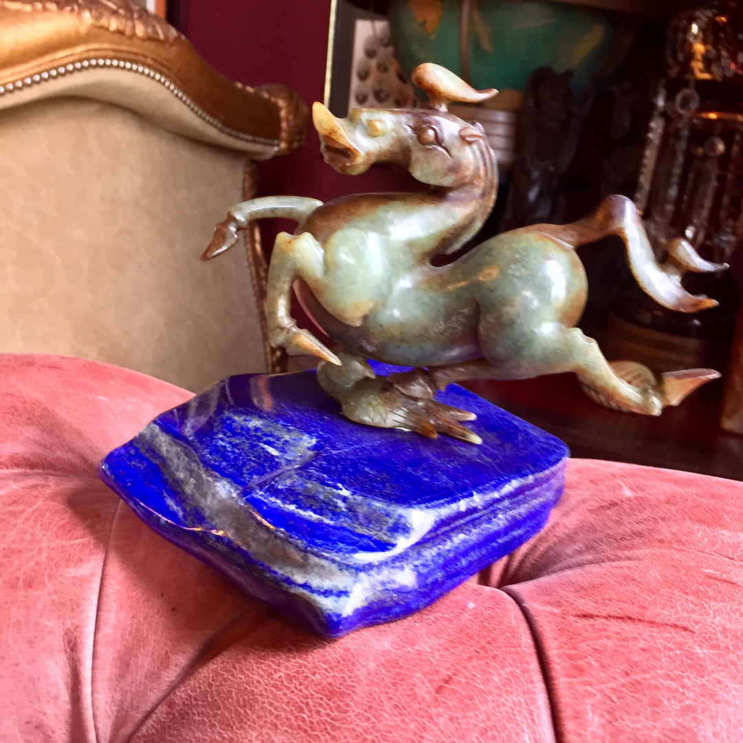 Han Dynasty Jade Horse With Swallows. Approx.  2-kilo Top Grade Lapis Lazuli Base Included (base not original but displays beautiful)